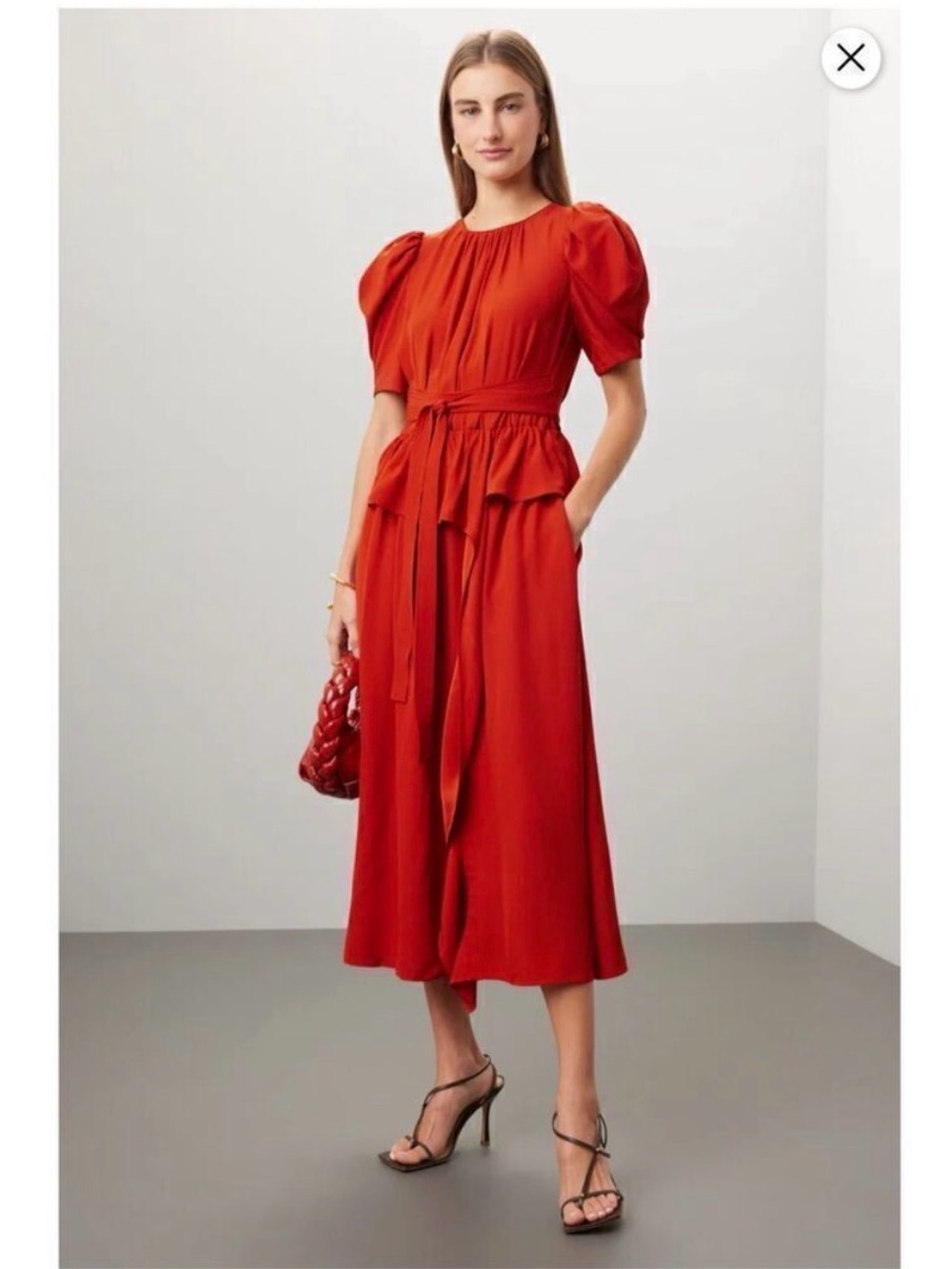 Ulla Johnson Marion Dress burnt orange/red Puff-Sleeve Midi Dress with Waist Tie